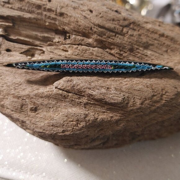 Antique Micro Mosaic Floral Bar Brooch Pin Gold Tone Italy Handmade Jewelry - Picture 3 of 16